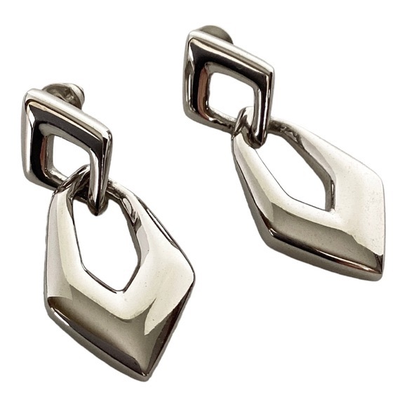 Napier Silver Tone Geometric Double Link Stack Dangle Post Earrings VTG Signed - Picture 3 of 7